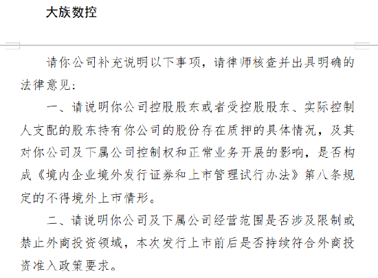 君盈配资 大族数控赴港上市收证监会反馈意见：关注股份质押影响及外商投资领域合规性